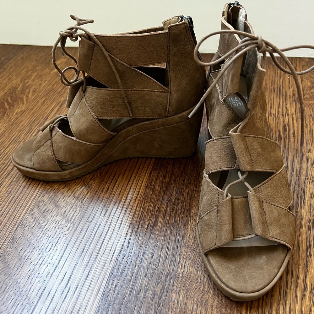 Eileen Fisher Brown Suede Lace-Up Wedge Sandals